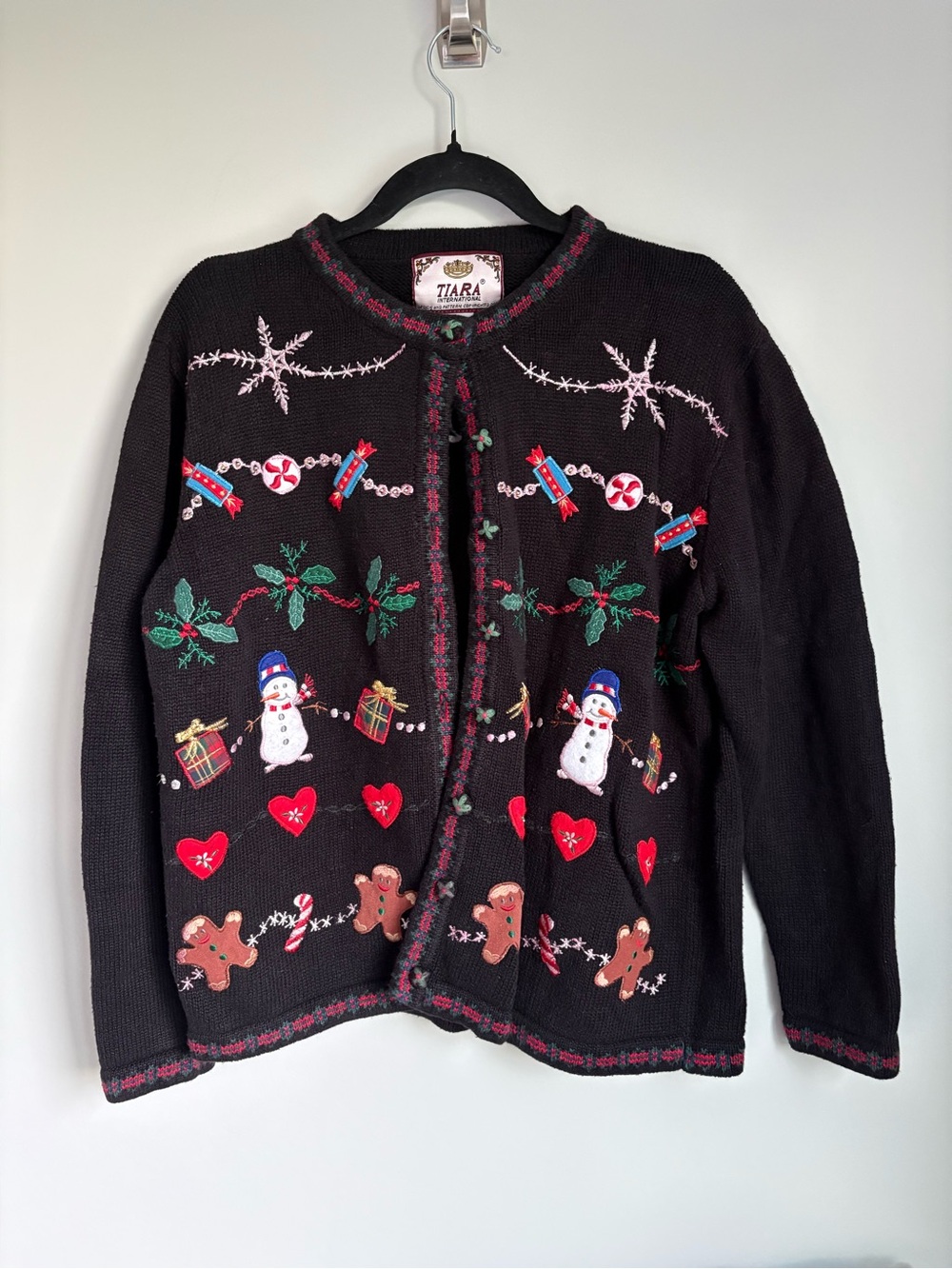 Tiara International  Christmas Embroidered Gingerbread Snowmen Cardigan